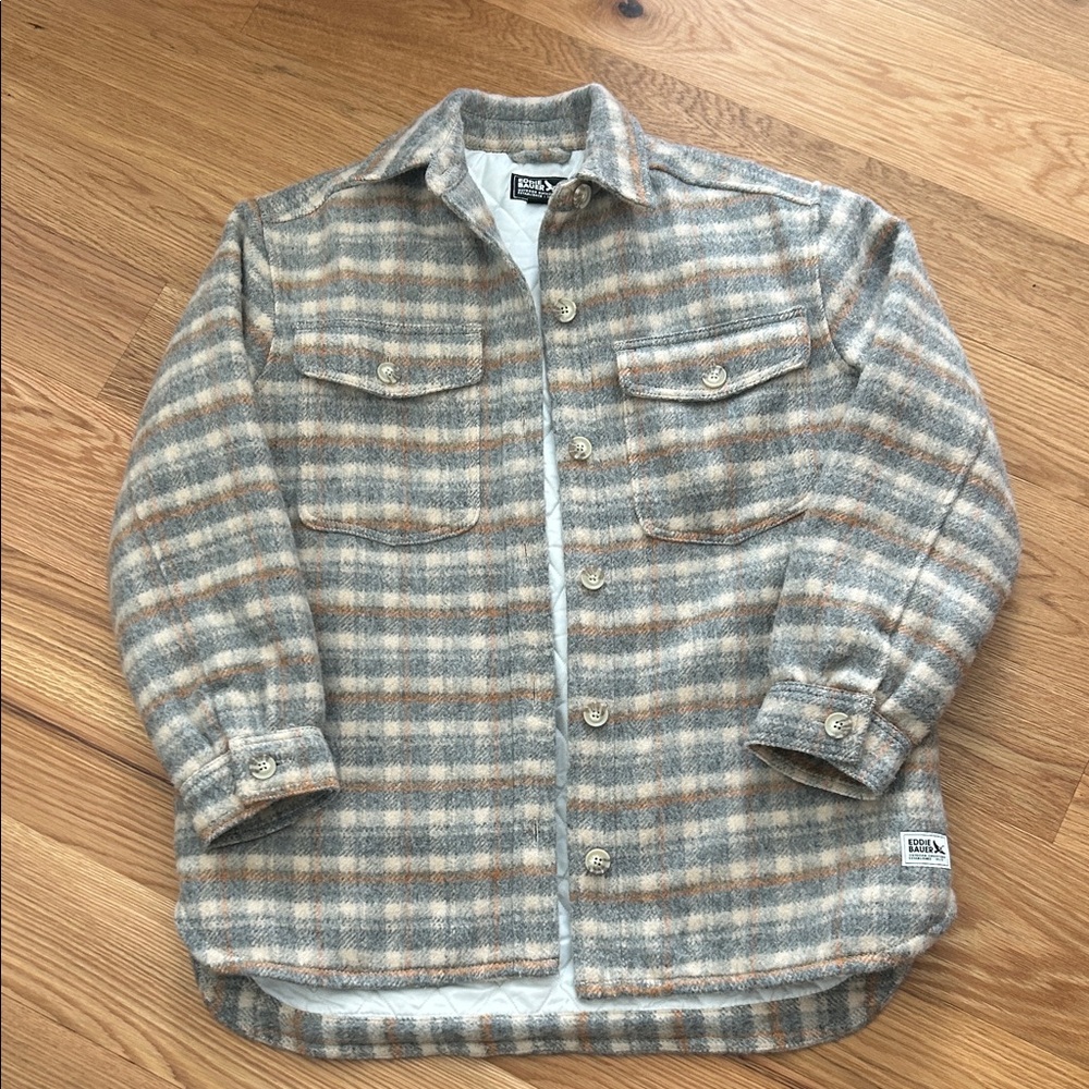 Eddie Bauer Gray and Tan Plaid Quilted Shirt Jacket